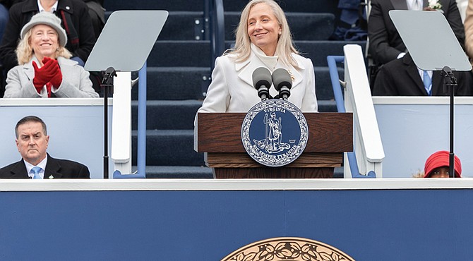 Gov. Abigail Spanberger delivers her inaugural address as Virginia’s 75th governor Saturday, Jan. 17, at the state Capitol in Richmond. The first woman to hold the office, Spanberger outlined her administration’s priorities, including affordability, advancing public schools and public safety, while calling on Virginians to work together to “write the next
chapter” of the Commonwealth’s history.