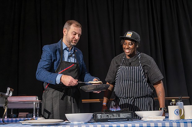 Inauguration festivities-Hundreds attended the Inaugural Ball at Main Street Station on Saturday, Jan. 17, 2026, as part of the weekend celebrating Gov. Abigail Spanberger’s historic inauguration. Spanberger addressed the crowd, followed by a short performance from Charlottesville-based musician Dave Matthews. The next day, hundreds gathered at the Science Museum of Virginia for the first First Gentleman’s Breakfast. With the help of celebrity Chef T (Torrece “T” Gregoire), of Fox show “Hell’s Kitchen,” First Gentleman Adam Spanberger made and tasted pancakes. First gentleman Adam Spanberger makes pancakes with help from celebrity Chef T.(photo by Sandra Sellars/Richmond Free Press)