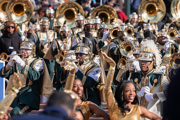 Norfolk State University Spartan Legion marching band closes out the inaugural parade.
