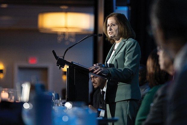 Voices raised for peace and change on MLK Day-Richmonders marked Martin Luther King Jr. Day with a series of events, including Virginia Union University’s 47th annual community leaders breakfast, a candlelight vigil for peace outside the Virginia War Memorial, and Lobby Day rallies for gun violence prevention and gun rights at Capitol Square. Lt. Gov. Ghazala Hashmi speaks at the 47th Annual Dr. Martin Luther King Jr. Community Leaders Celebration breakfast at the Downtown Richmond Marriott on Jan. 16. (photo by Julianne Tripp Hillian/Richmond Free Press)