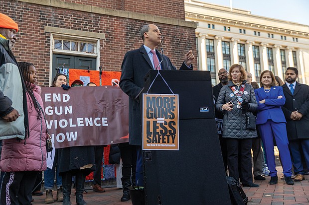 Voices raised for peace and change on MLK Day-Richmonders marked Martin Luther King Jr. Day with a series of events, including Virginia Union University’s 47th annual community leaders breakfast, a candlelight vigil for peace outside the Virginia War Memorial, and Lobby Day rallies for gun violence prevention and gun rights at Capitol Square. Vigil and Advocacy Day for gun violence prevention-Advocates for gun violence prevention gathered at the Bell Tower in Capitol Square on Lobby Day, Jan. 19 for the 34th annual Virginia Vigil and Advocacy Day to Prevent Gun Violence, honoring Dr. Martin Luther King Jr. through advocacy. This event came hours after gun rights lobbyists filled the same space arguing for fewer
gun protections and more gun rights. Attorney General Jay Jones speaks at the 34th annual Virginia Vigil and Advocacy Day to Prevent
Gun Violence at the Bell Tower in Capitol Square on Lobby Day, Jan. 19. The event honors Dr. Martin Luther King Jr. through advocacy. Protesters hold signs with messages about the impact of gun violence. (photo by Julianne Tripp Hillian/Richmond Free Press)