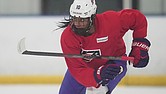 Laila Edwards, the first Black woman to suit up for Team USA women’s Olympic hockey, practices Nov. 4, 2025, in a rink in Strongsville, Ohio, where she played youth hockey.