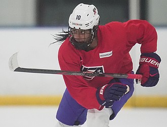 Laila Edwards, the first Black woman to suit up for Team USA women’s Olympic hockey, practices Nov. 4, 2025, in a rink in Strongsville, Ohio, where she played youth hockey.