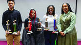 Winners of the MLK Jr. Oratorical Contest at Virginia Union University on Saturday, Jan. 24, pose with School Board member Shavonda Fernandez. From left, Te’Ron Jefferson, a 12th-grade student at Huguenot High School, placed third; Jakayla “Kayla” Parker, a 10th-grade student at Open High School, placed second; and Renashea Hunt, a 12th-grade student at John Marshall High School, placed first