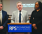 Superintendent Jason Kamras, center, oversees a somber budget presentation with Board Chair Shavonda Fernandez, right, and Vice Chair Matthew Percival on Jan. 22.