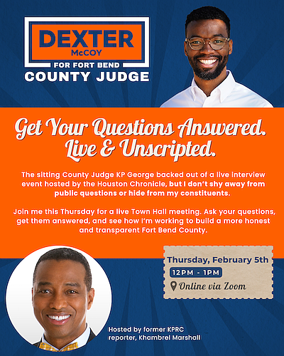 Fort Bend County Precinct 4 Commissioner Dexter McCoy criticized County Judge KP George’s withdrawal from a Houston Chronicle forum and … Fort Bend County Precinct 4 Commissioner Dexter McCoy criticized County Judge KP George’s withdrawal from a Houston Chronicle forum and …