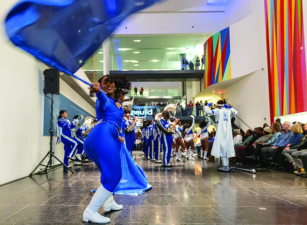VMFA launches Black History Month with music celebration-Hampton University’s Marching Force performs at the museum. The band has performed at President Obama’s Inauguration Parade and the Macy’s Thanksgiving Day Parade. (photo by Julianne Tripp Hillian/Richmond Free Press)