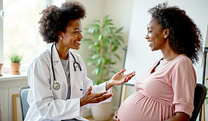 African American doctor consults pregnant woman in clinic. Smile, talk about maternal health, wellness. Black physician gives prenatal care advice to future mother. Expecting woman holds belly