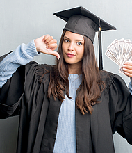 Young brunette woman over grunge grey wall wearing graduate uniform holding dollars with angry face, negative sign showing dislike with thumbs down, rejection concept