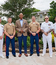 From left: CDR Arthur Bond, Commanding Officer, USS Minneapolis-Saint Paul (LCS 21); Lt. Col. Sean O’Rourke, Commanding Officer, Marine Wing Support Squadron 272; Texas Southern University President James W. Crawford III; Sgt. Maj. Steven Tholen, senior enlisted leader, Marine Wing Support Squadron 272; Master Chief Petty Officer Dennis Harris, Command Master Chief, USS Kearsarge (LHD 3); and CAPT Gervy Alota, Office of the Chief of Naval Operations (N-N250), are pictured during a Naval Leadership Reception hosted by Texas Southern University as part of Fleet Week Houston 2026.