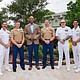 From left: CDR Arthur Bond, Commanding Officer, USS Minneapolis-Saint Paul (LCS 21); Lt. Col. Sean O’Rourke, Commanding Officer, Marine Wing Support Squadron 272; Texas Southern University President James W. Crawford III; Sgt. Maj. Steven Tholen, senior enlisted leader, Marine Wing Support Squadron 272; Master Chief Petty Officer Dennis Harris, Command Master Chief, USS Kearsarge (LHD 3); and CAPT Gervy Alota, Office of the Chief of Naval Operations (N-N250), are pictured during a Naval Leadership Reception hosted by Texas Southern University as part of Fleet Week Houston 2026.