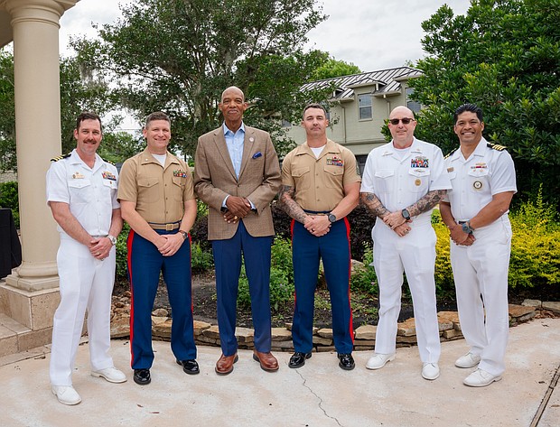 From left: CDR Arthur Bond, Commanding Officer, USS Minneapolis-Saint Paul (LCS 21); Lt. Col. Sean O’Rourke, Commanding Officer, Marine Wing Support Squadron 272; Texas Southern University President James W. Crawford III; Sgt. Maj. Steven Tholen, senior enlisted leader, Marine Wing Support Squadron 272; Master Chief Petty Officer Dennis Harris, Command Master Chief, USS Kearsarge (LHD 3); and CAPT Gervy Alota, Office of the Chief of Naval Operations (N-N250), are pictured during a Naval Leadership Reception hosted by Texas Southern University as part of Fleet Week Houston 2026.