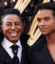 Jermaine Jackson (L) and son Jaafar attend the Los Angeles premiere of "Michael" at the Dolby Theatre in Hollywood this week.