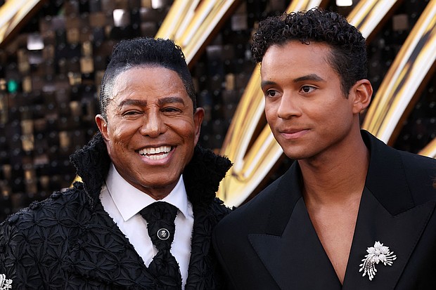 Jermaine Jackson (L) and son Jaafar attend the Los Angeles premiere of "Michael" at the Dolby Theatre in Hollywood this week.