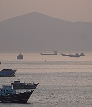 Ships and boats in the Strait of Hormuz near Musandam, Oman, on May 1