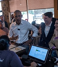 Former President Barack Obama with Texas Reps Gina Hinojosa and James Talarico