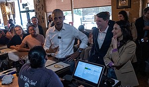 Former President Barack Obama with Texas Reps Gina Hinojosa and James Talarico