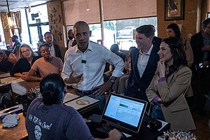 Former President Barack Obama with Texas Reps Gina Hinojosa and James Talarico