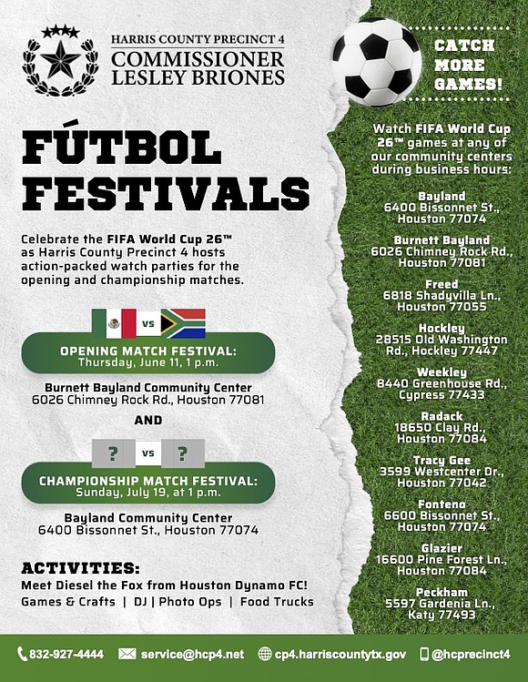 Harris County residents and visitors are invited to celebrate the start of FIFA World Cup 26™ at Precinct 4’s free …