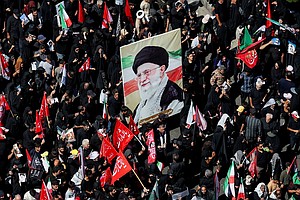 A portrait of Iran's late Supreme Leader Ayatollah Ali Khamenei