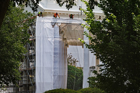 Scaffolding now surrounds the White House North Portico as President Trump oversees the latest in a series of renovation projects, … Scaffolding now surrounds the White House North Portico as President Trump oversees the latest in a series of renovation projects, …
