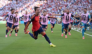 Spain's Ferrán Torres celebrates after scoring in the World Cup final against Argentina on July 19.