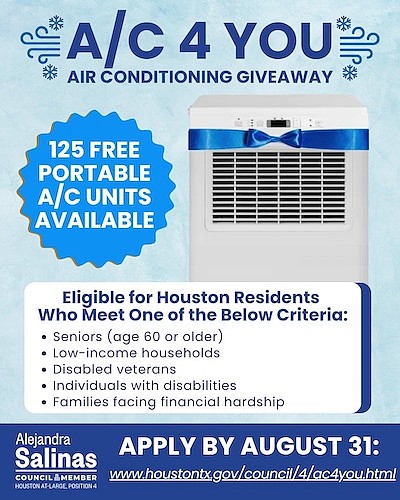 Houston City Council Member Alejandra Salinas is offering 125 free portable A/C units to eligible residents as Houston faces dangerous … Houston City Council Member Alejandra Salinas is offering 125 free portable A/C units to eligible residents as Houston faces dangerous …