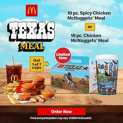 McDonald’s Texas Meal brings Texas pride to the table with seven collectible regional cups, including a Houston design, plus the … McDonald’s Texas Meal brings Texas pride to the table with seven collectible regional cups, including a Houston design, plus the …
