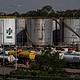 Trucks near oil storage tanks at a Petrobras refinery in Paulinia, Brazil. Oil exports have risen in the wake of the US-Iran war.
