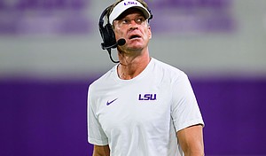 LSU Head coach Lane Kiffin oversees a spring practice in Baton Rouge, Louisiana, on April 4.