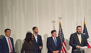 L to R: Texas Representative Gene Wu, Tarrant County Commissioner Alissa Simmons, Houston City Controller Chris Hollins, Illinois Governor JB Pritzker, Texas Democratic Party Chair Kendall Scudder