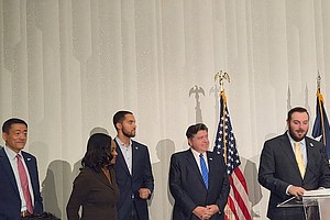L to R: Texas Representative Gene Wu, Tarrant County Commissioner Alissa Simmons, Houston City Controller Chris Hollins, Illinois Governor JB Pritzker, Texas Democratic Party Chair Kendall Scudder