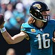 Jaguars QB Trevor Lawrence throws a pass against the New England Patriots in the second quarter at EverBank Stadium on September 27 in Jacksonville, Florida.