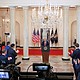 President Donald Trump concludes the address from the Cross Hall of the White House on April 1 in Washington, DC.