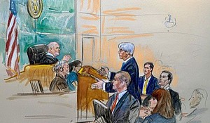 This courtroom sketch shows the DC District Court hearing regarding the White House attempt to ban CNN, MS NOW, and Politico, on October 8, 2026.