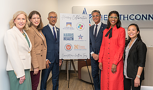 Harris Collaborative Leaders at the Kickoff Celebration, left to right: Keena Pace, CEO, The Harris Center for Mental Health and IDD; Leah Barton, Executive Director, Harris County Public Health; Dr. Esmaeil Porsa, President and CEO, Harris Health; Junaid Husain, CEO, Healthconnect Texas; Lisa Wright, President and CEO, Community Health Choice; and Dr. Theresa Tran, Executive Director, Houston Health Department.