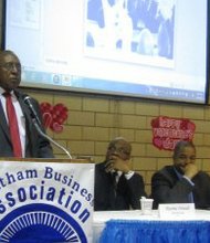 Chatham Business Associaton's vice chairman Joseph Caldwell addresses the membership body Feb. 14 . (L to R) CBA Vice Joseph Caldwell, board members John Griffin and Montel Gayle along with Alderman Michelle Harris (8th). (Photo by Thelma Sardin)