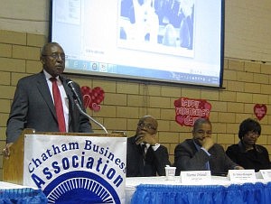 Chatham Business Associaton's vice chairman Joseph Caldwell addresses the membership body Feb. 14 . (L to R) CBA Vice Joseph Caldwell, board members John Griffin and Montel Gayle along with Alderman Michelle Harris (8th). (Photo by Thelma Sardin)