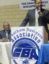 Sixth Ward Alderman Roderick Sawyer was one of the featured guest speaker's at the Chatham Business Association's monthly meeting Jan 10.  Eighth Ward Alderman Michelle Harris also spoke to the CBA body.  (Photo by Thelma Sardin)