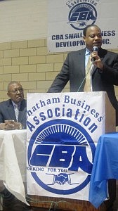 Sixth Ward Alderman Roderick Sawyer was one of the featured guest speaker's at the Chatham Business Association's monthly meeting Jan 10.  Eighth Ward Alderman Michelle Harris also spoke to the CBA body.  (Photo by Thelma Sardin)