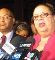 Chicago Teachers Union President Karen Lewis announced Sunday night outside Merchandise Mart that no agreement had been made between the union and the Board of Education. On Monday Chicago Public Schools teachers walked out of the classroom in the first strike in 25 years. Photo by Rhonda Gillespie