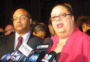 Chicago Teachers Union President Karen Lewis announced Sunday night outside Merchandise Mart that no agreement had been made between the union and the Board of Education. On Monday Chicago Public Schools teachers walked out of the classroom in the first strike in 25 years. Photo by Rhonda Gillespie