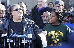“Rahm Emanuel has become the ‘murder mayor.’ He is murdering public services. Murdering our ability to maintain public sector jobs and now he has set his sights on our public schools,” said Karen Lewis, Chicago Teachers Union President during an afternoon press conference last Thursday. AP Photo.
