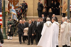 An overflow crowd packed Old St. Patricks Catholic Church, witnessing the funeral services of Maggie Daley which she helped plan, while hundreds more gathered outside to hear the program over a loud speaker.