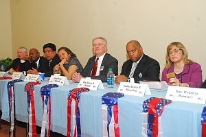 Twenty-four candidates for judge attended the town hall meeting Saturday sponsored by the Chicago Citizen newspaper. After introducing themselves to would be voters, the judges answered questions from the audience. Voters go to the polls March 20 for the primary election. (Jerome Simmons/Chicago Citizen)