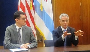 Mayor Rahm Emanuel (right) held a roundtable discussion at City Hall on Monday afternoon. The mayor was joined by Office of New Americans Director Adolfo Hernandez (left) for an on-the-record roundtable to discuss his plans for the city moving forward. (Photo by Thelma Sardin)