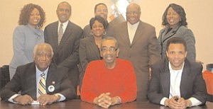 Getting things clear about the stimulus was the name of the game last Saturday when members of the Chatham Business Association's Small Business Development, Inc. met with Congressmen Danny Davis, Bobby Rush, and Jesse L. Jackson Jr at the Quentis Bernard Garth Foundation headquarters, 806 E. 78th St. From left to right (first row): Congressmen Davis, Rush, and Jackson. Second row (left to right): Melinda Kelly, CBA executive director; Joe Caldwell, CBA vice chairman; Keith Tate, president of the Chatham Avalon Park Community Council; Dr. Felicia Blasingame, president/CEO of South Central Community Services; William Garth, CBA chairman/publisher of the Citizen Newspapers; and Arlene Caruthers-Williams, CBA board member.