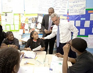 Mayor Emanuel and CPS CEO Brizard discuss math with seventh grade students at Benjamin E. Mays Elementary Academy. (Photo Credit: Brooke Collins, City of Chicago)