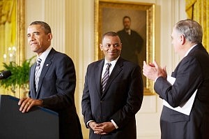 President Barack Obama announces Mayor Anthony Foxx, of Charlotte, N.C., as his nominee for Transportation Secretary, in the East Room of the White House, April 29, 2013. Outgoing Transportation Secretary Ray LaHood applauds at right. (Official White House Photo by Pete Souza)