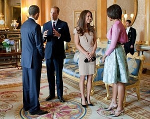 President Barack Obama and First Lady Michelle Obama talk with the Duke and Duchess of Cambridge in the 1844 Room at Buckingham Palace in London, England, May 24, 2011. (Official White House Photo by Pete Souza)
